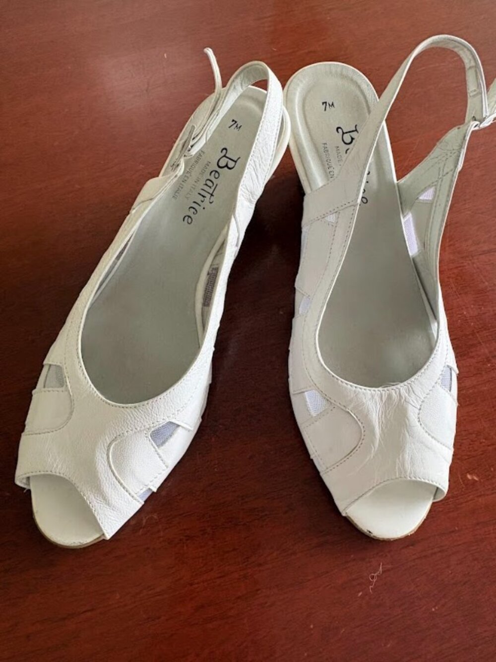 Beatrice Italy White Leather Wedge Slingback Sandals Size 7